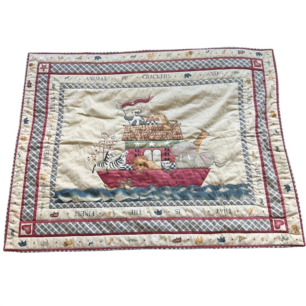 Vintage Noahs Ark Baby Quilt Blanket Animal Crackers Poem Nursery Decor Cream